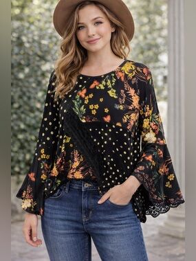 Boho Mixed Print Blouse Floral Polka Dot Lace Panel Bell Sleeve Top